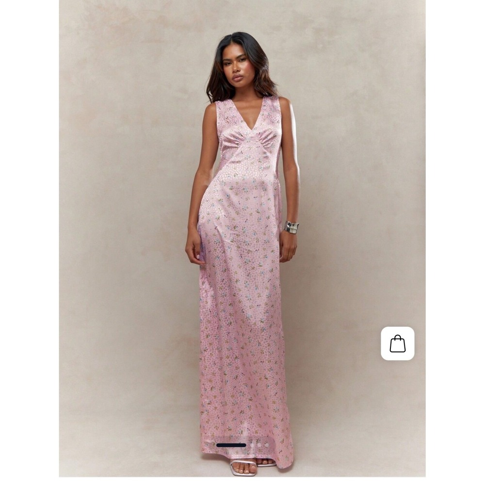Missguided Pink Floral Leopard Jacquard Open Back Maxi‎ Dress V-Neck Small NWT